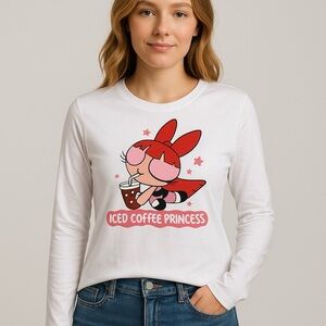 Iced Coffee Princess Graphic Long Sleeve Tee White Cotton Size M